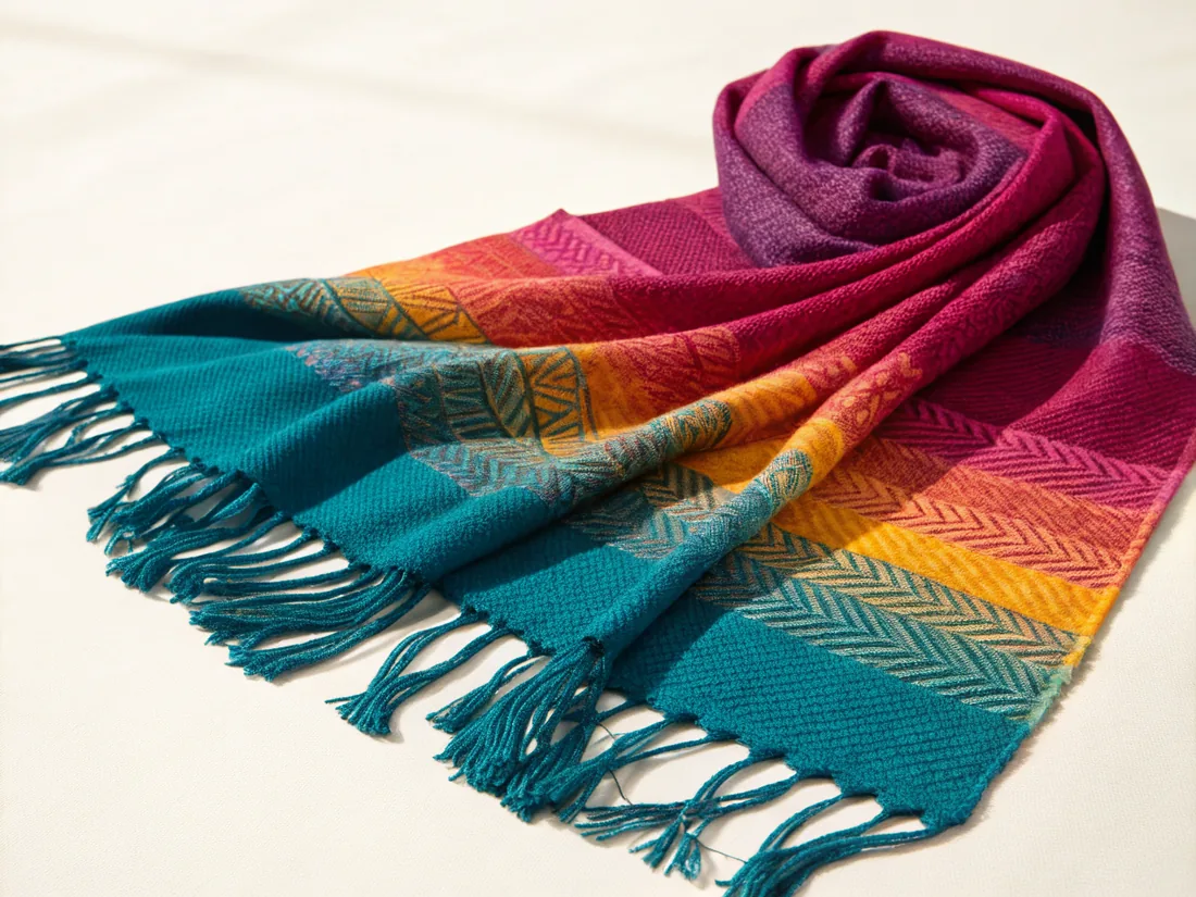 Rebozo tejido con el color corrido del turquesa al naranja y al vino, con franjas de grecas en espiga y fleco anudado, doblado sobre fondo claro