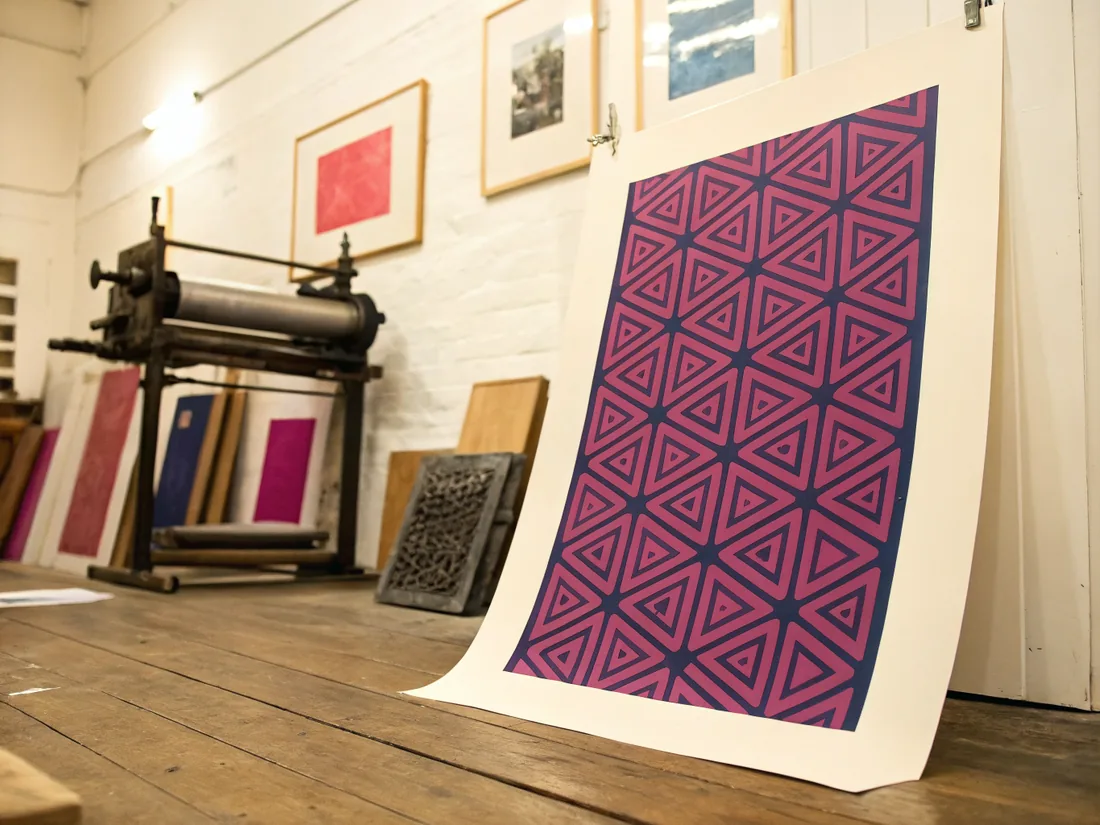 pliego de papel grueso recargado en una puerta con un patrón de triángulos serigrafiado en rosa mexicano sobre azul marino, y al fondo una prensa de grabado antigua con pruebas de color apoyadas en la pared