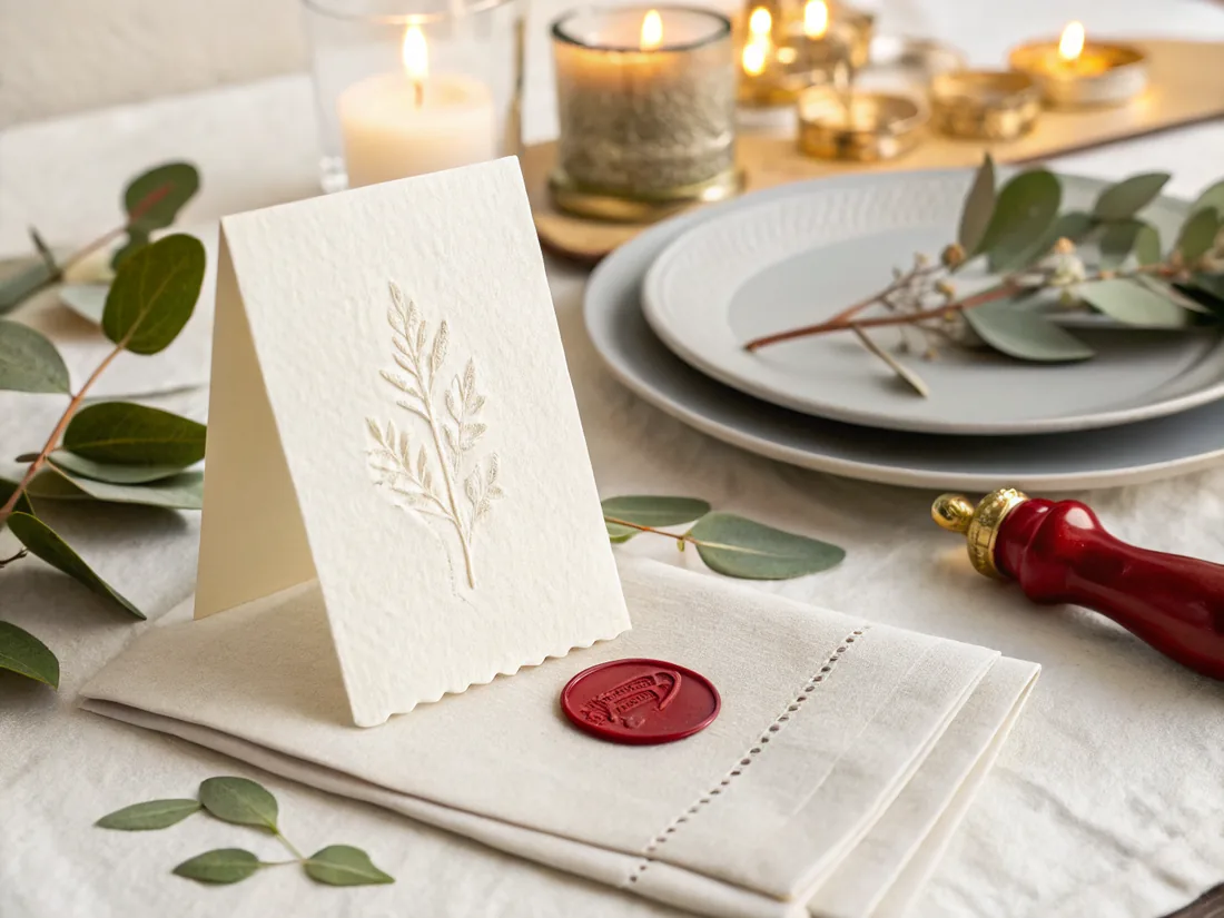 Tarjeta de papel de algodón con orilla dentada y una rama levantada en relieve en seco, de pie sobre una servilleta de lino cerrada con un sello de lacre rojo, en una mesa puesta con velas y eucalipto.