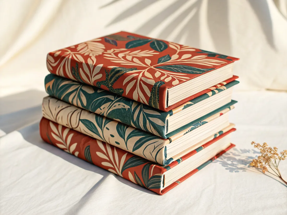 cuatro libros de tapa dura apilados sobre lino claro, con forros de motivo botánico en rojo terracota y verde pino, la cabezada visible en el lomo y el canto de las hojas teñido de rojo y de verde