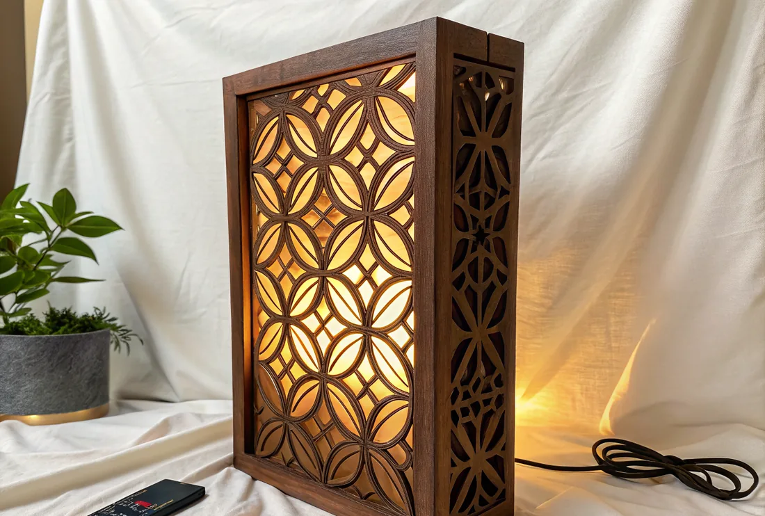caja de luz de madera oscura con una celosía de círculos entrelazados calada en el frente y en el costado, encendida por dentro y proyectando el patrón sobre la tela del fondo