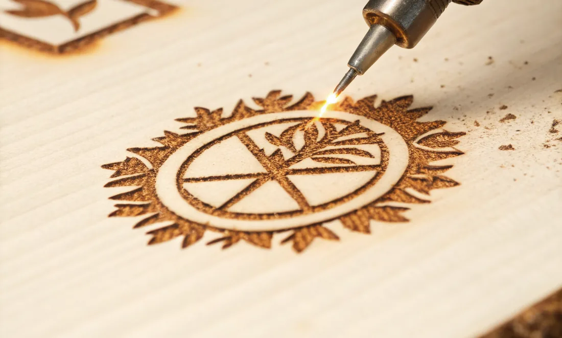 Emblema circular de sol quemándose sobre una tabla de madera clara, con la punta de la herramienta encendida sobre la línea.