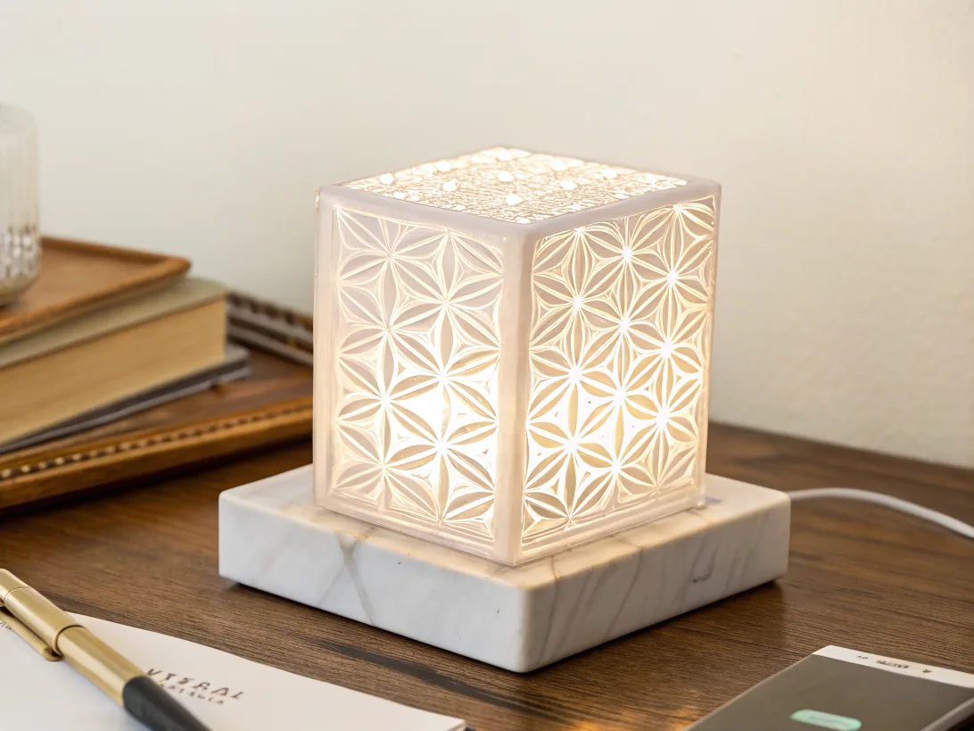 cubo translúcido encendido desde dentro, con un patrón de estrellas calado en el espesor de sus caras, asentado en el rebaje de una base cuadrada de mármol blanco pulido, sobre un escritorio de madera oscura