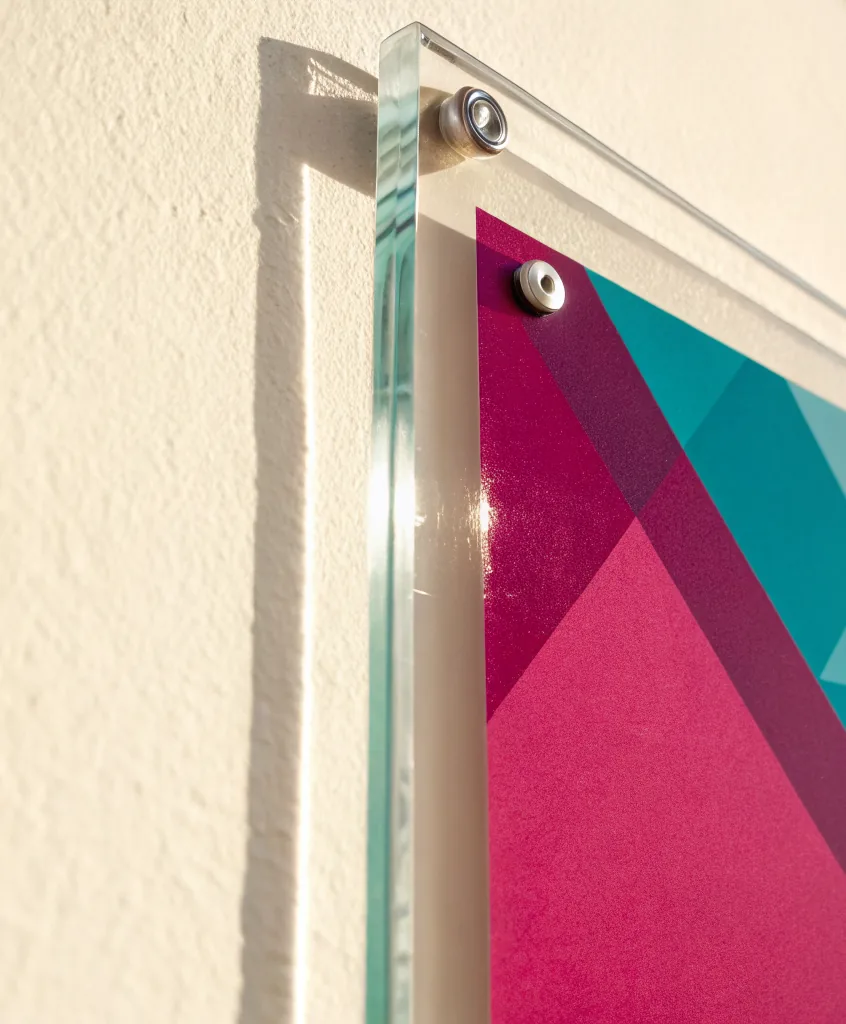 macro de la esquina de una placa de acrílico transparente montada sobre un muro texturizado color hueso, con el canto pulido dejando ver el verde del material, dos separadores cilíndricos de acero atornillados y un gráfico geométrico impreso en magenta y turquesa detrás, con la sombra de la placa proyectada en el muro