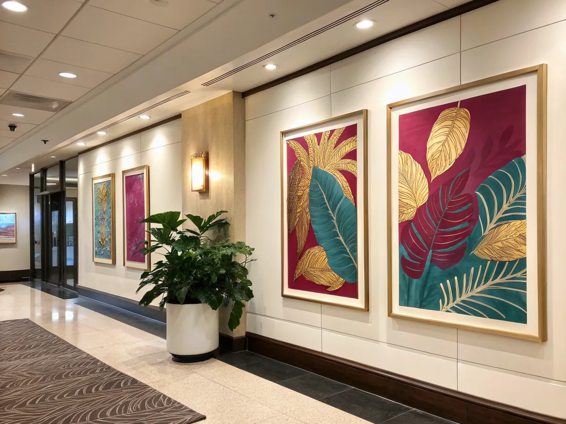 cuatro cuadros de gran formato con hojas tropicales pintadas en oro, verde jade y magenta, enmarcados en madera clara y alineados a lo largo del pasillo iluminado de un corporativo, con una planta en maceta y un aplique de pared