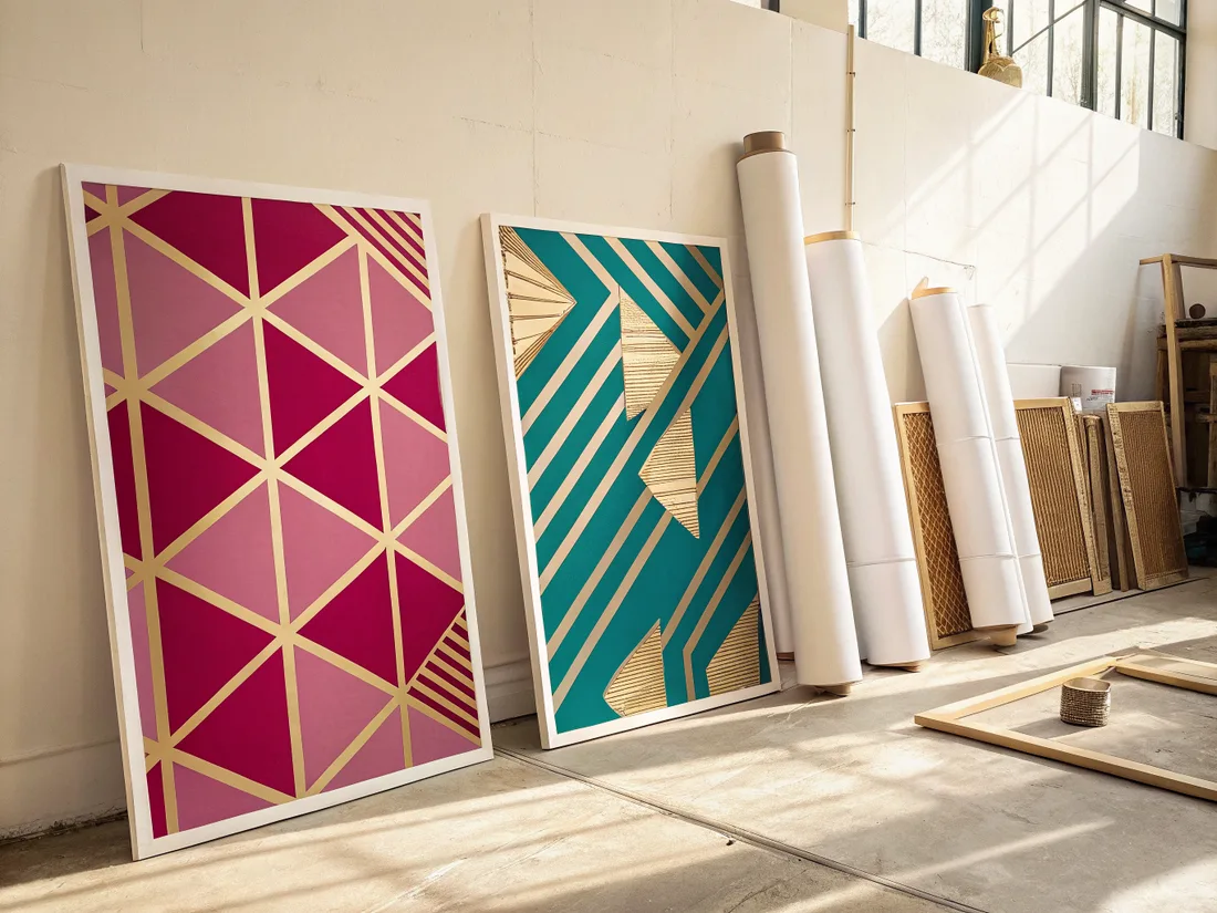 dos paneles impresos y enmarcados en blanco recargados contra el muro de un taller, uno con una retícula de triángulos dorados sobre magenta y otro con franjas doradas en diagonal sobre turquesa, junto a rollos de material en pie