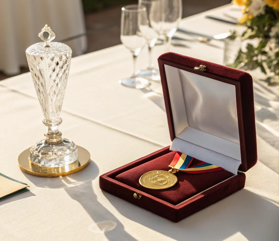 trofeo de cristal tallado sobre base dorada junto a un estuche de terciopelo vino abierto con una medalla dorada de listón tricolor, sobre una mesa vestida de blanco a la luz de la tarde