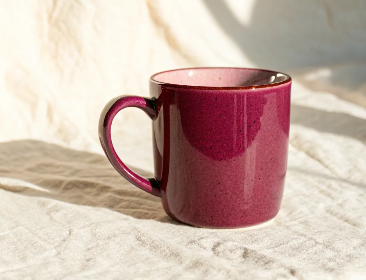 taza de gres esmaltada en magenta profundo con el interior rosa moteado y un halo más claro donde el esmalte escurrió, apoyada sobre lino crudo arrugado con luz de sol