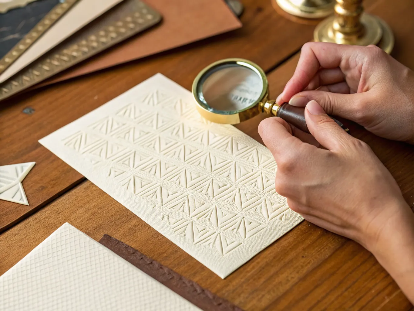 una mano sosteniendo una lupa sobre una tarjeta color hueso con un patrón de rombos en relieve seco, sobre una mesa de madera oscura