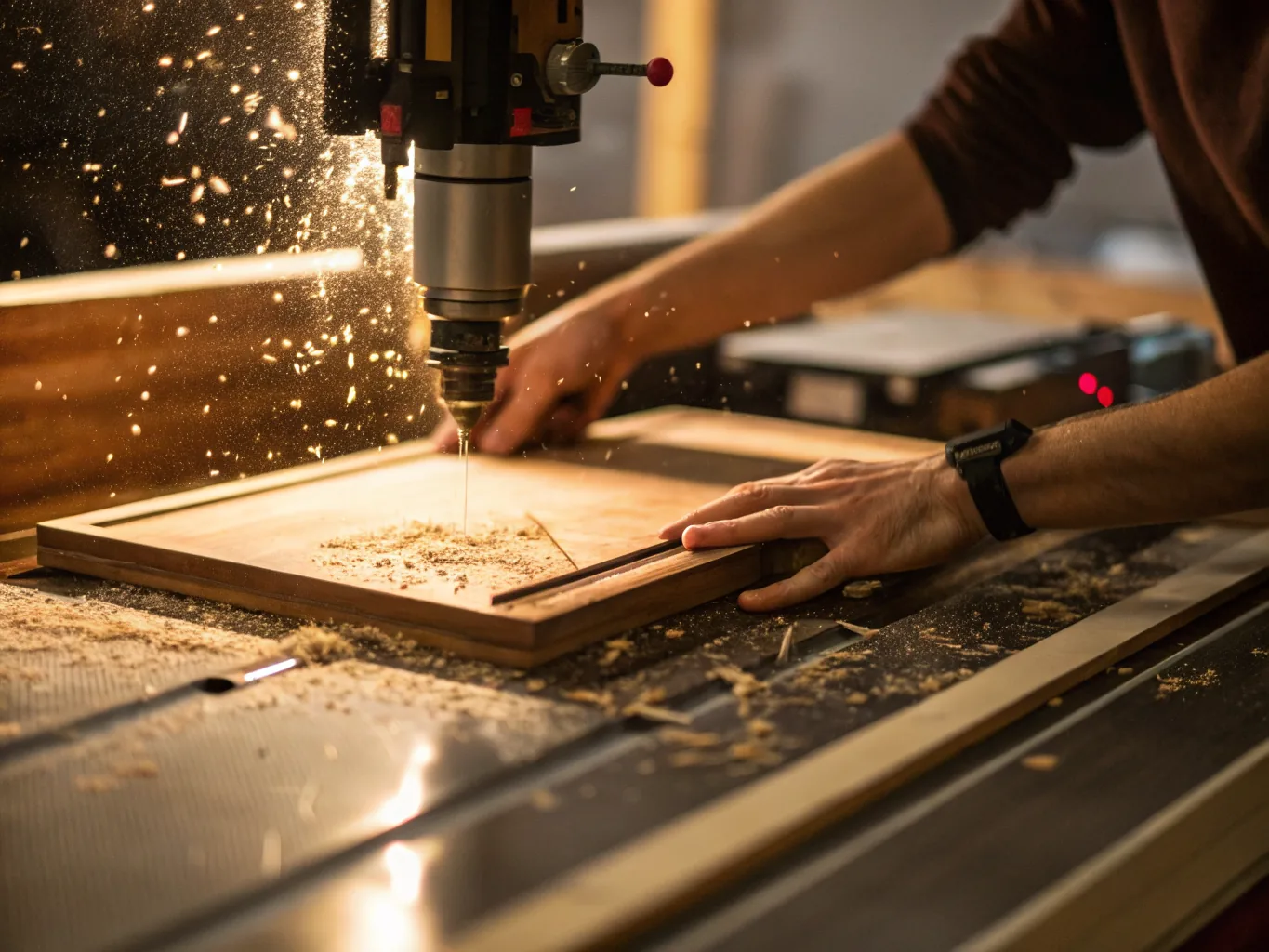 máquina de corte láser trabajando sobre una plancha de madera clara, con chispas y viruta saltando mientras alguien sostiene la pieza