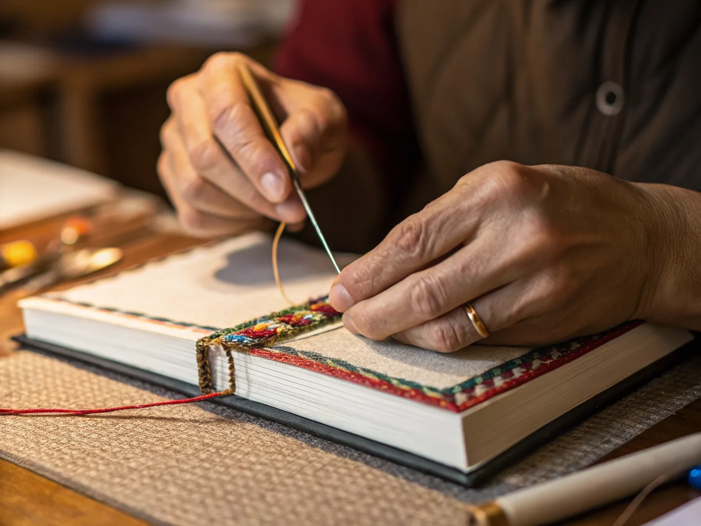 las manos del encuadernador cosen con aguja curva una cinta bordada de colores al canto de un libro de tapa dura, con el hilo tenso sobre el pliego y la cabezada roja asomando