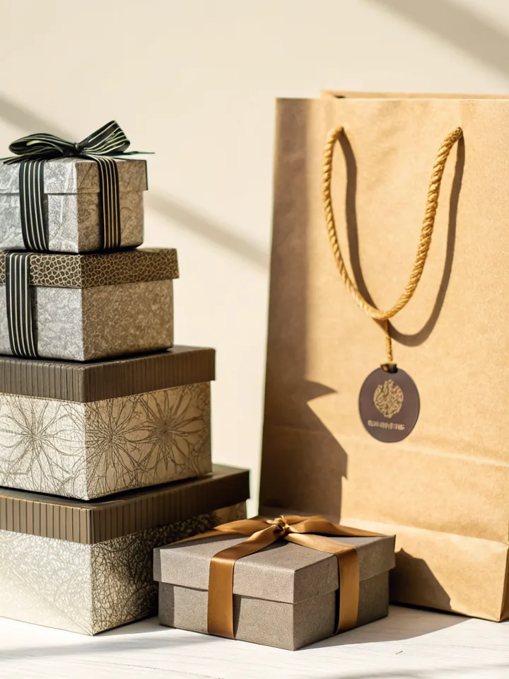 torre de cuatro cajas de regalo forradas con papeles distintos, gris jaspeado, dorado con trama, crema con flores y pana café, amarradas con listones, junto a una bolsa de papel kraft con asa de cordón y una caja gris con moño dorado