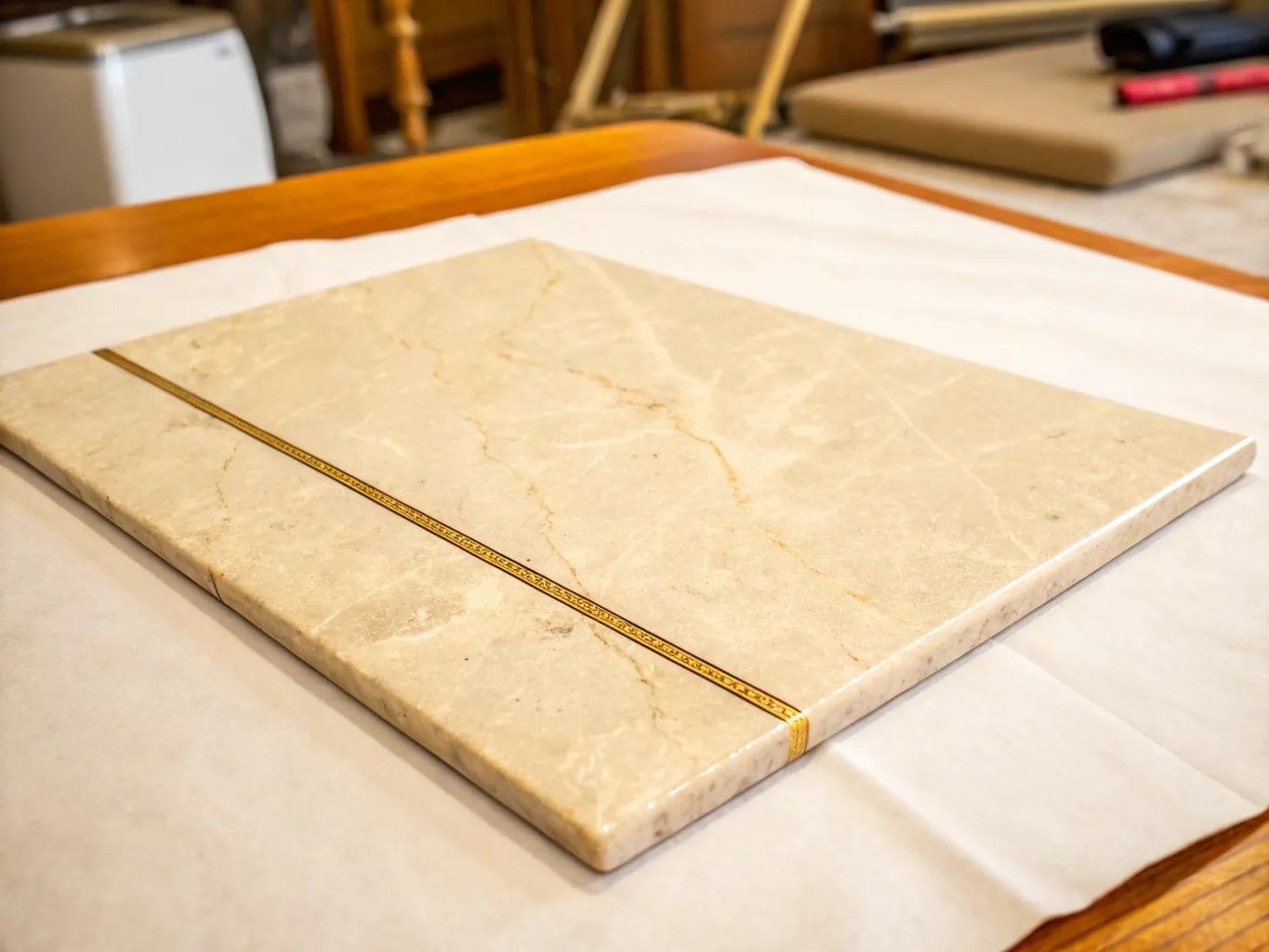 panel de mármol beige veteado, cortado en rectángulo, con una fina línea dorada embutida en diagonal, apoyado sobre papel kraft en la mesa de un taller