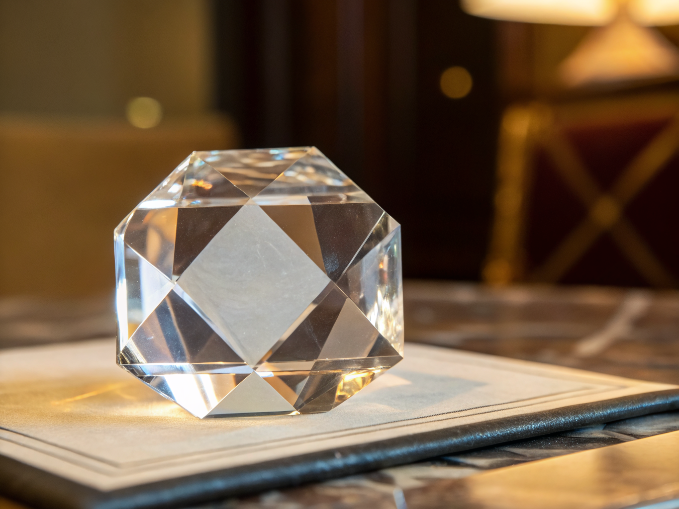 bloque octagonal de cristal facetado y pulido, apoyado sobre una carpeta de piel oscura, con la luz ámbar de un salón encendida en cada cara