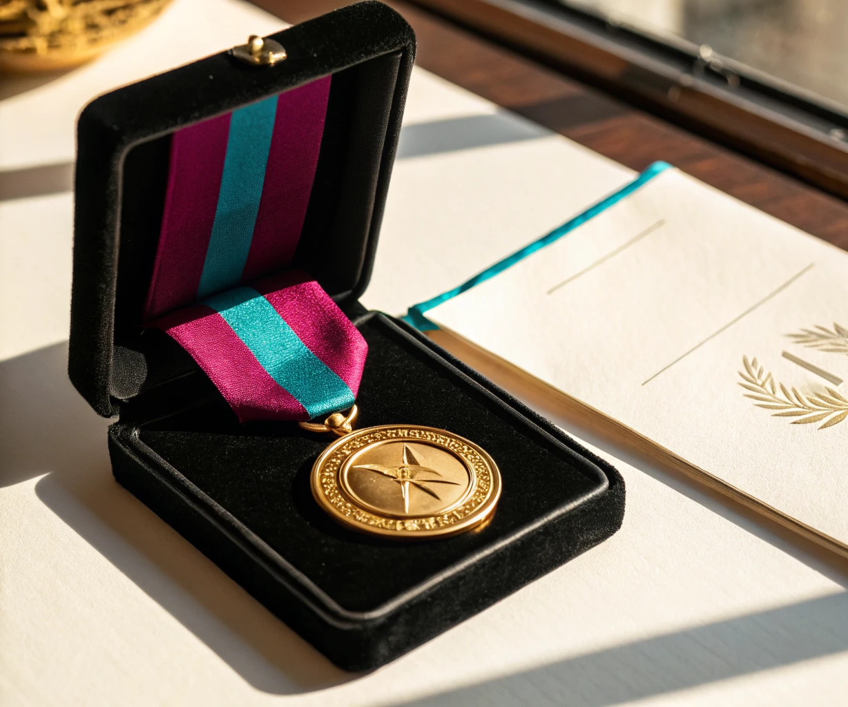 Medalla circular dorada con estrella de ocho puntas y cenefa perimetral, colgada de un listón magenta y turquesa dentro de un estuche de terciopelo negro.