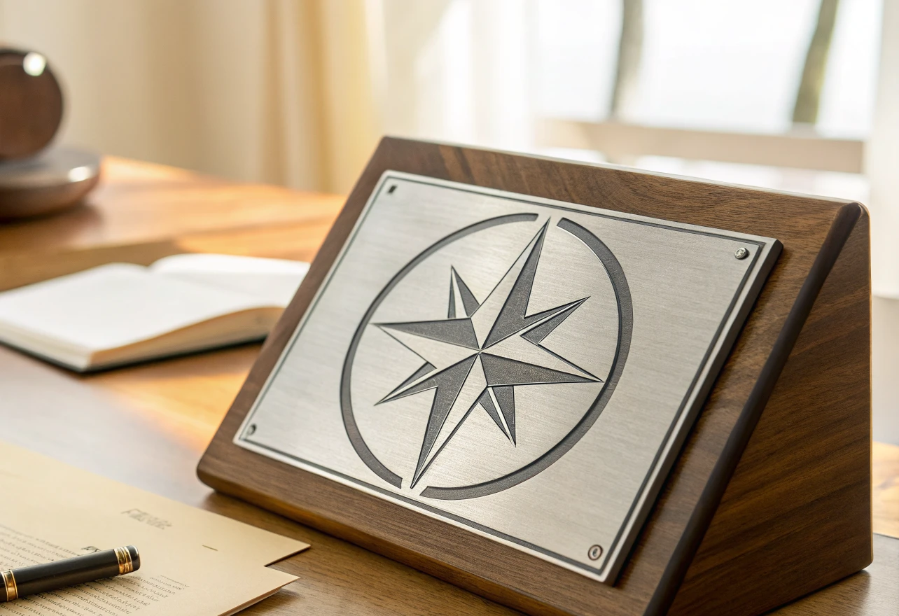 placa rectangular de acero cepillado con una rosa de los vientos levantada en relieve profundo, atornillada a una base inclinada de madera oscura, sobre un escritorio junto a una ventana