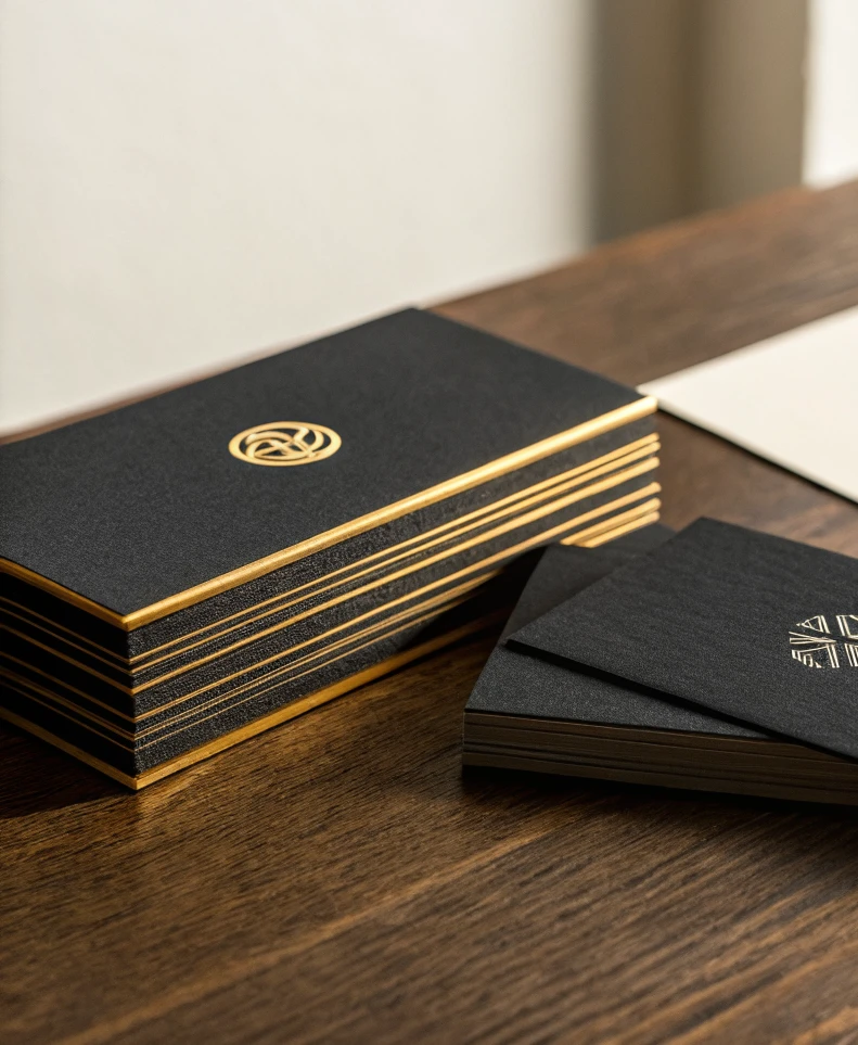 dos bloques de tarjetas negras con textura de lino sobre una mesa de madera oscura, el de enfrente con un monograma de tres aros en foil dorado y el canto dorado hoja por hoja, el de atrás con el canto natural a la vista