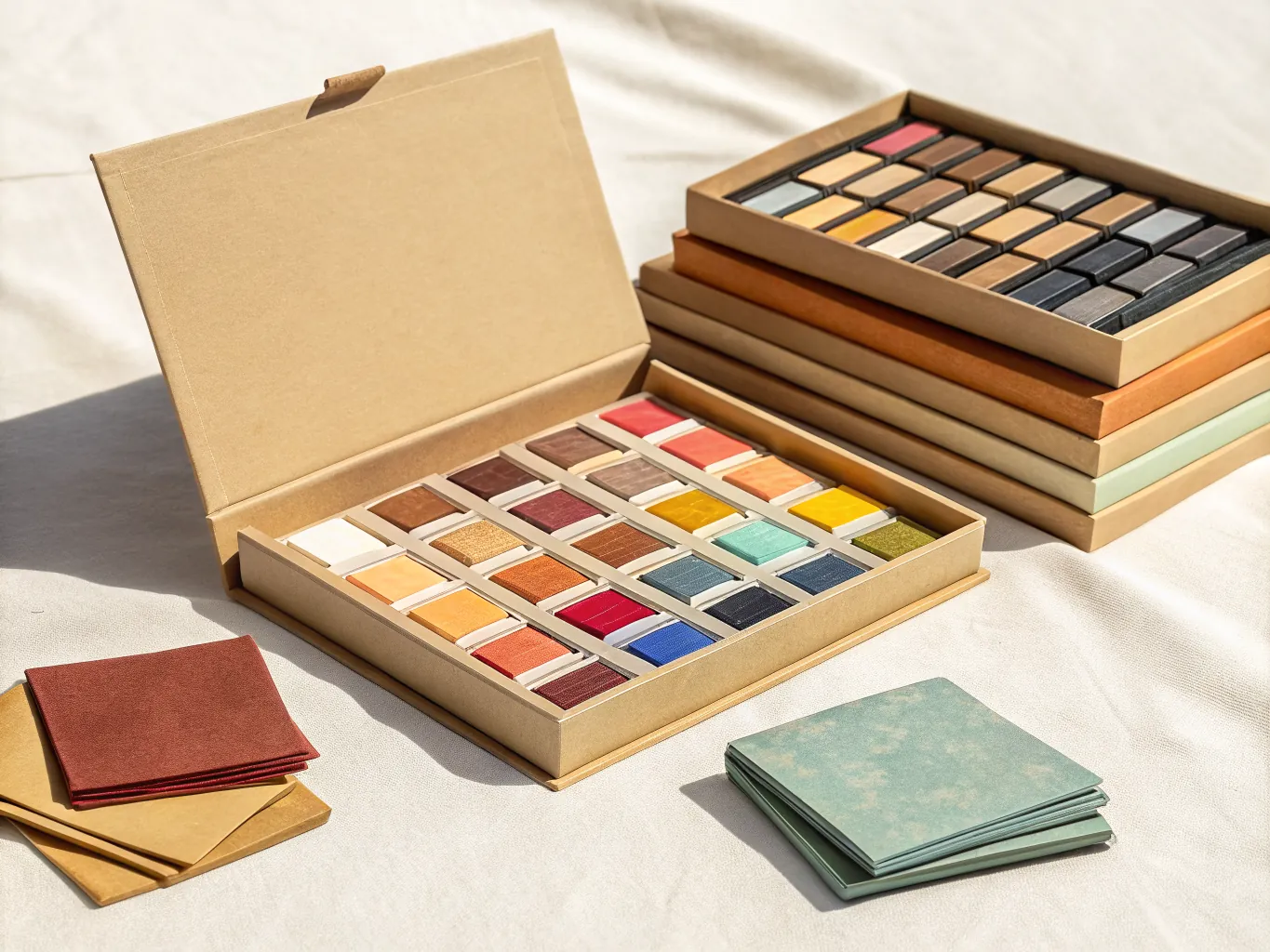 caja de muestras abierta con cuadros de color en cartulina, junto a pilas de papeles de distintos tonos y texturas sobre mantel de lino