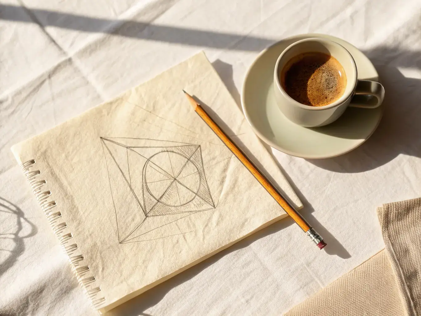 servilleta de papel con un boceto a lápiz de un diseño geométrico, junto a una taza de café y un lápiz sobre mantel de lino