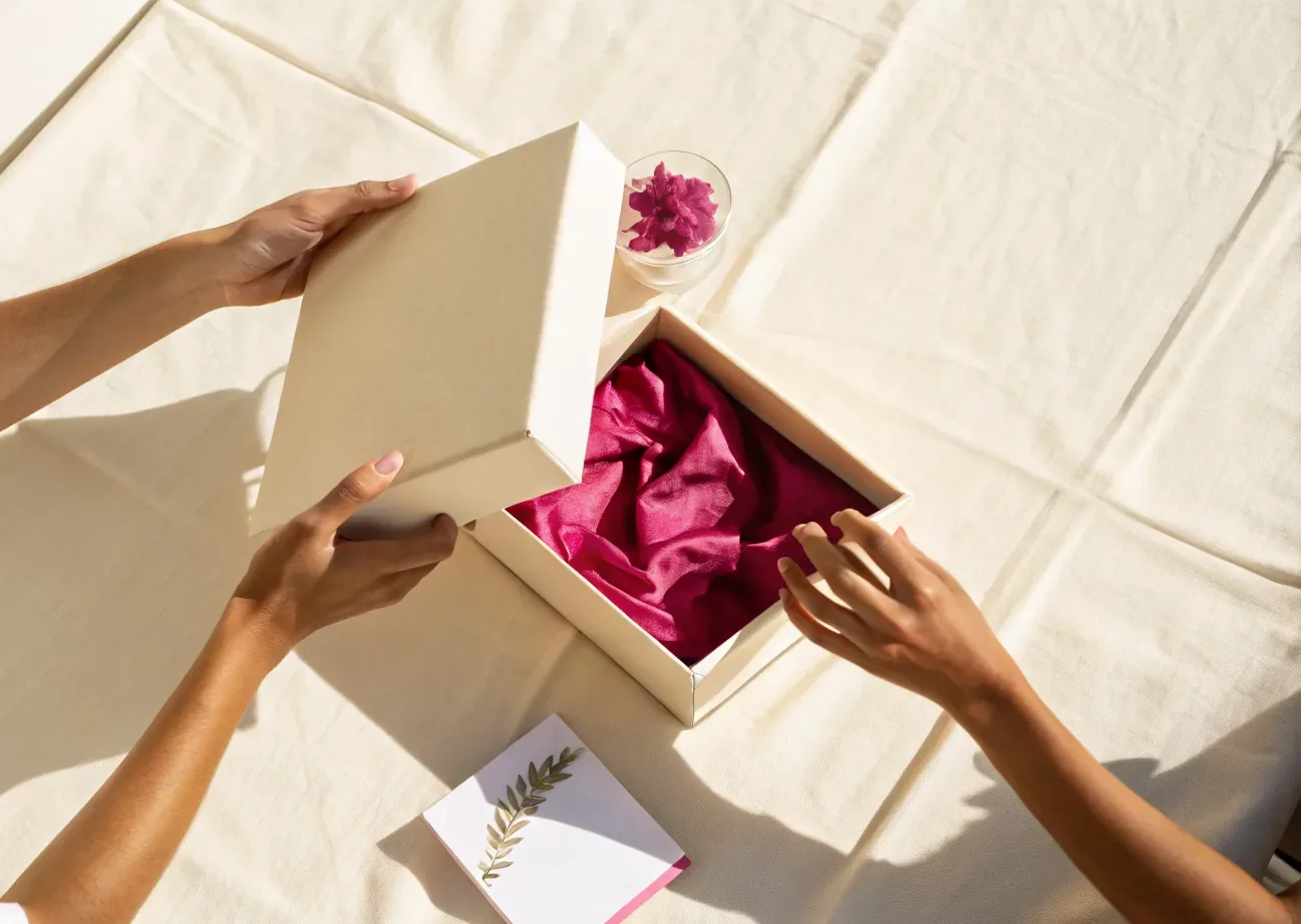 dos manos levantan la tapa de una caja rígida color hueso y descubren el papel de seda fucsia que la llena, junto a una tarjeta con una hoja dorada y un platito con una flor magenta
