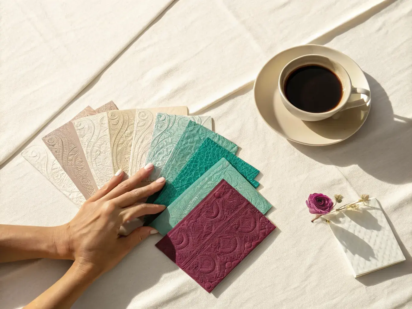 Una mano abre en abanico muestras de papel con relieve en seco, del crudo al jade y al vino, sobre un mantel de lino con una taza de café al lado.