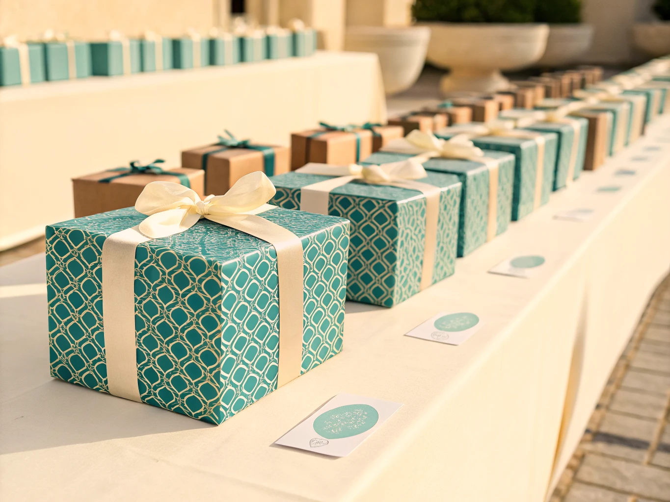 hilera de cajas de regalo envueltas en papel turquesa con una retícula dorada impresa y atadas con listón crema, formadas sobre una mesa vestida al aire libre