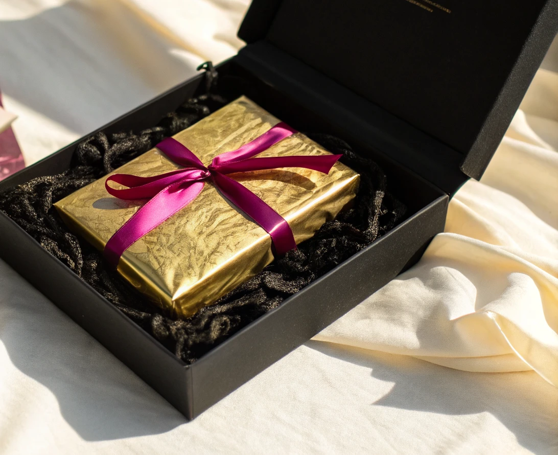 caja rígida negra abierta con cama de estopa oscura y un obsequio envuelto en papel metálico dorado atado con listón magenta, sobre tela crema al sol
