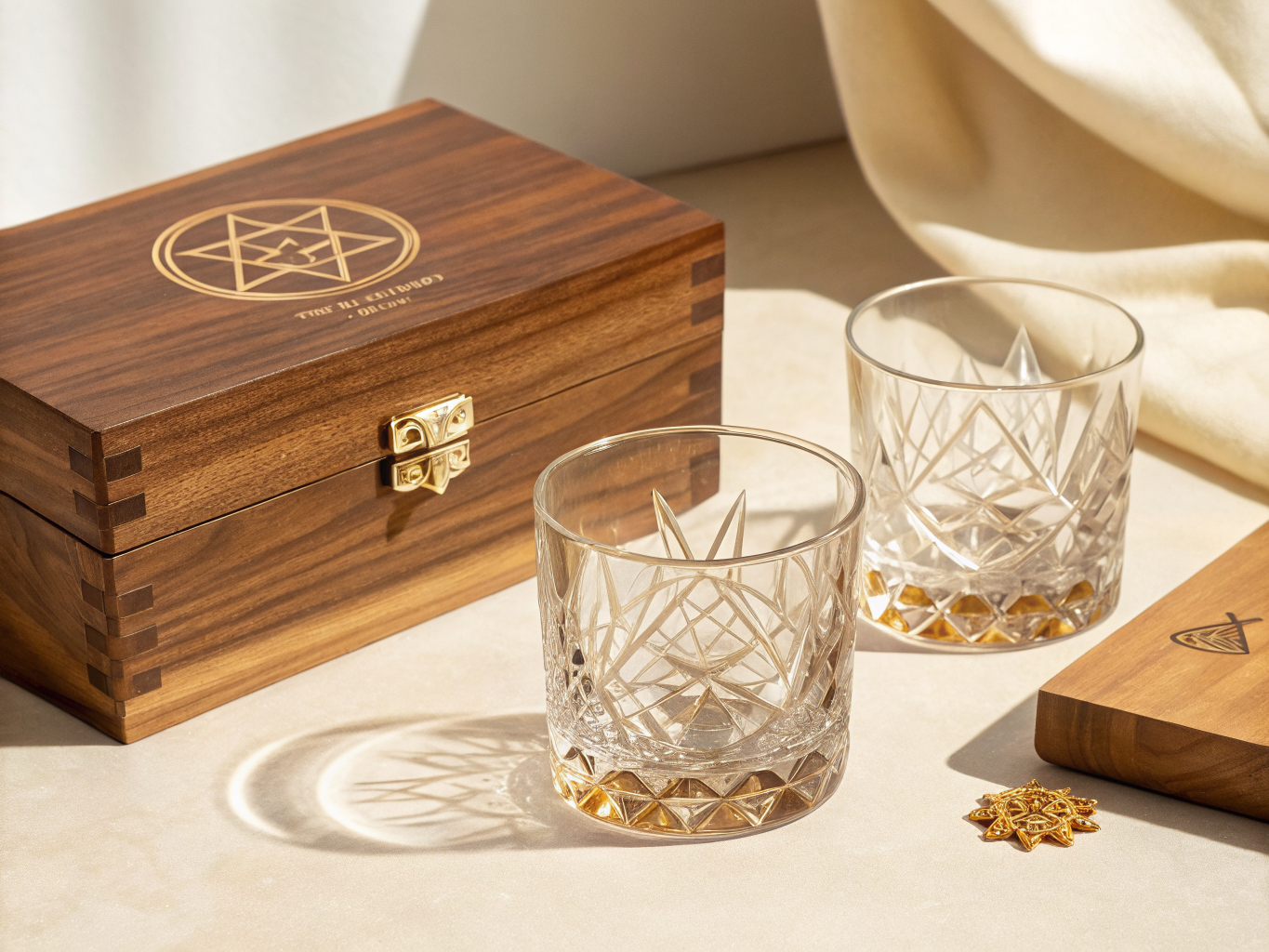 dos vasos de cristal tallado con un patrón de abanicos y rombos, servidos con un dedo de whisky sobre una mesa clara, con la luz del sol dibujando el patrón en la sombra y una tabla de nogal al lado
