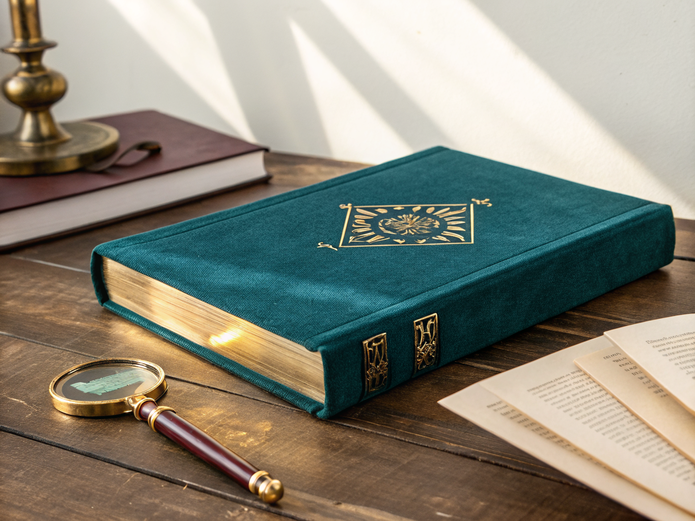 libro de tapa dura forrado en tela verde petróleo con un ornamento en foil dorado al centro, canto dorado a hoja encendido por la luz y dos broches de latón en la orilla, sobre una mesa de madera junto a una lupa