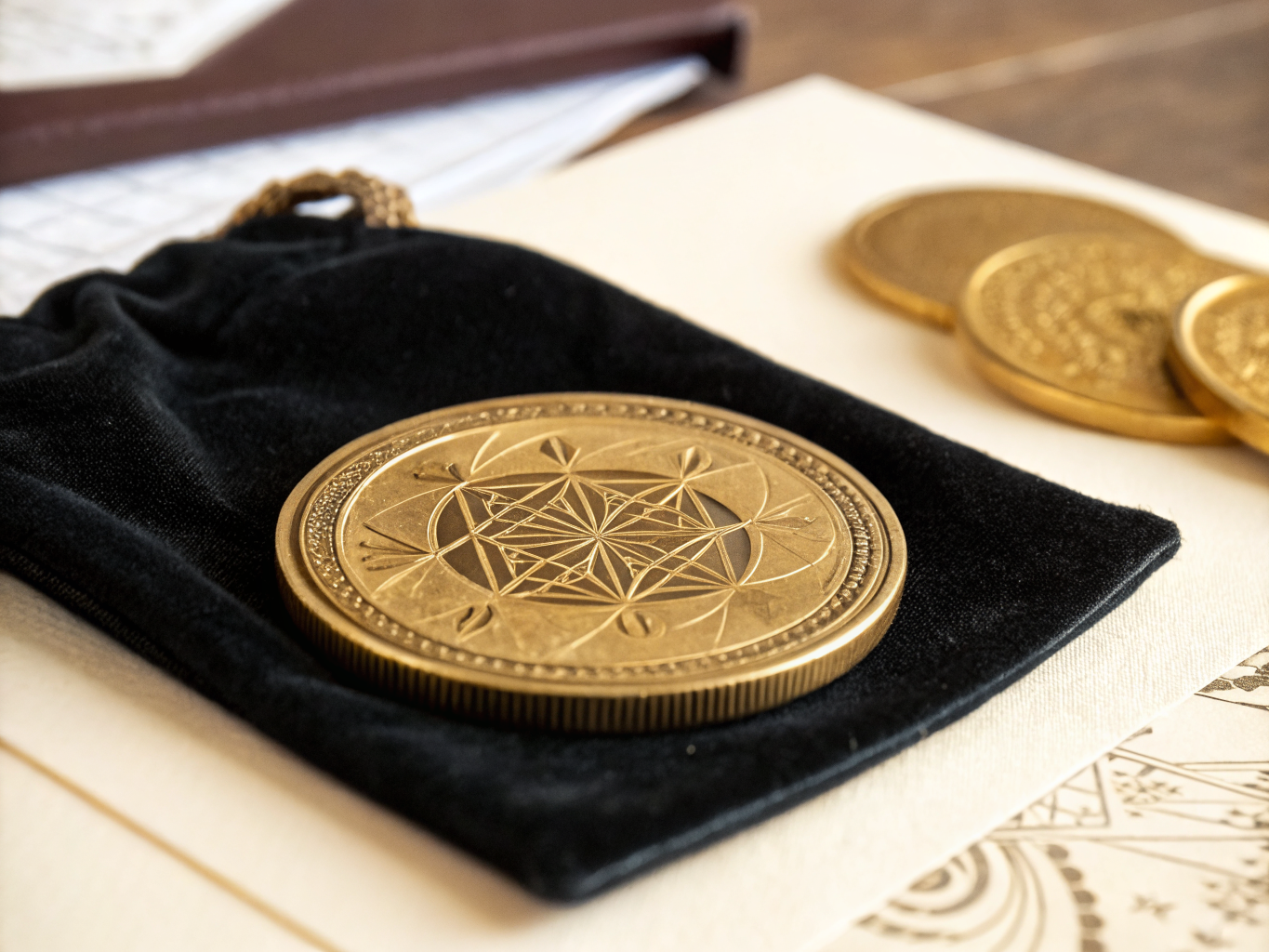 medalla de latón con un guilloché grabado en toda la cara y canto estriado, apoyada sobre una bolsa de terciopelo negro, con otras medallas apiladas al fondo sobre una carpeta color hueso
