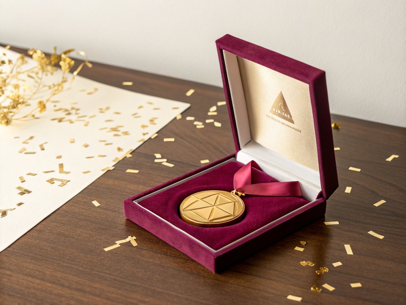 medalla dorada con relieve geométrico y listón vino, acomodada en un estuche de terciopelo vino cuya tapa lleva un emblema impreso en dorado, sobre una mesa de nogal con confeti dorado