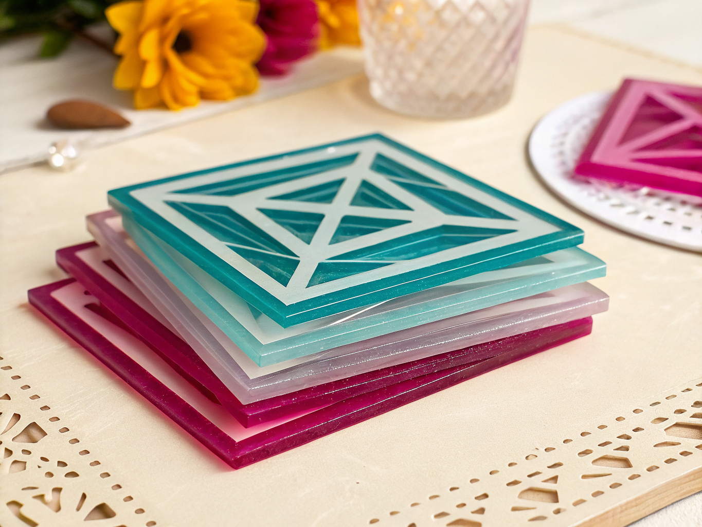 pila de posavasos cuadrados de acrílico calado en turquesa, blanco esmerilado y rosa mexicano, con una retícula de diagonales cortada en cada uno, sobre un mantel individual de madera clara con borde perforado