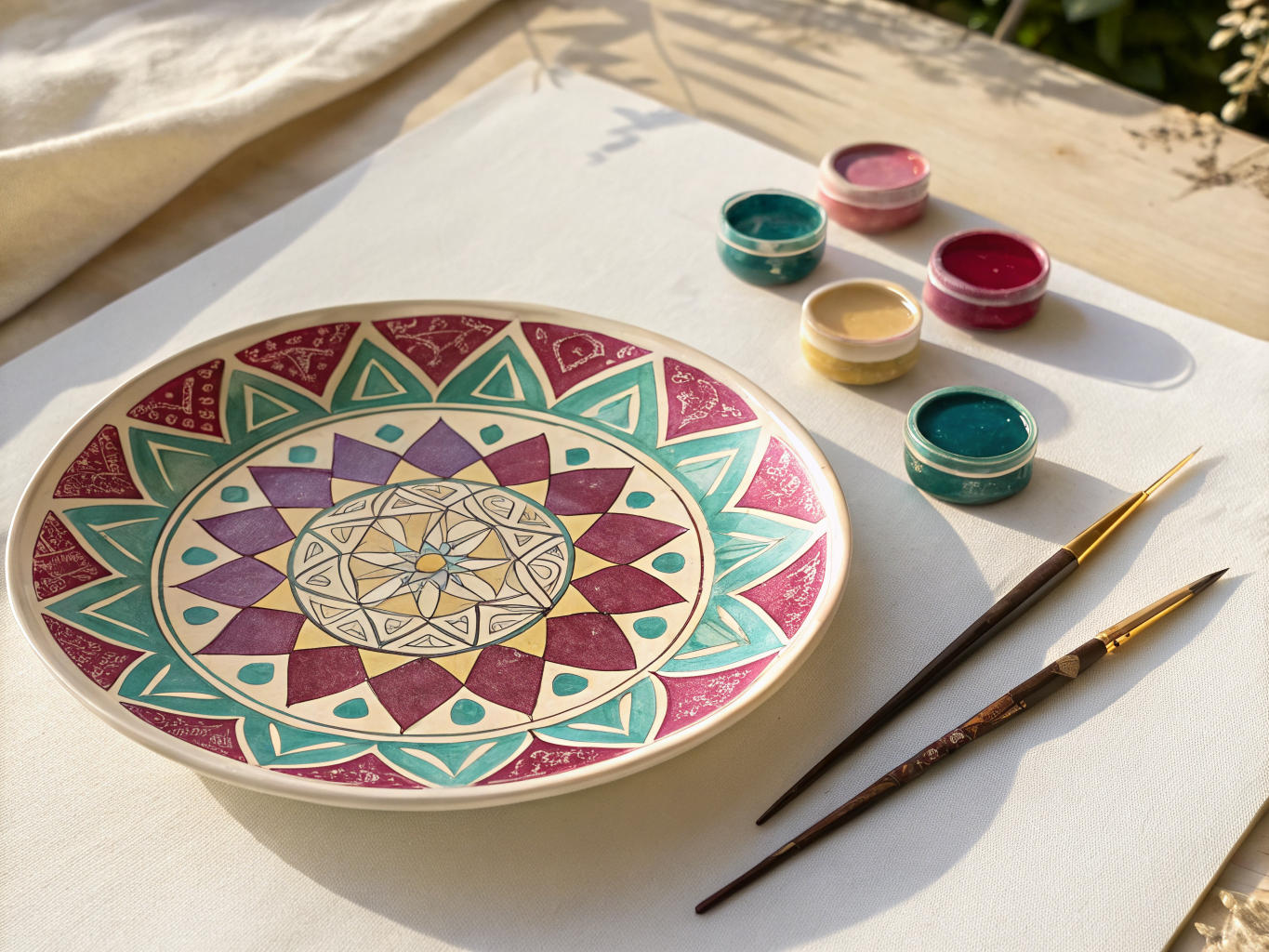 plato de loza blanca con un mandala policromo pintado a mano en magenta, verde jade, morado y amarillo con filigrana de plumilla en el borde, junto a cinco potes de esmalte de colores y dos pinceles de punta fina sobre un lienzo claro al sol