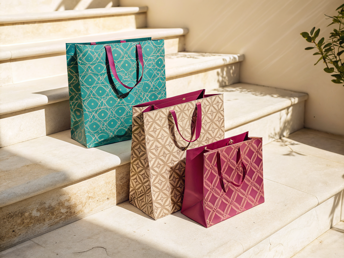 tres bolsas de papel laminado en turquesa, arena y magenta, cada una con un patrón geométrico distinto impreso de orilla a orilla y asas de listón magenta, sobre escalones de piedra al sol