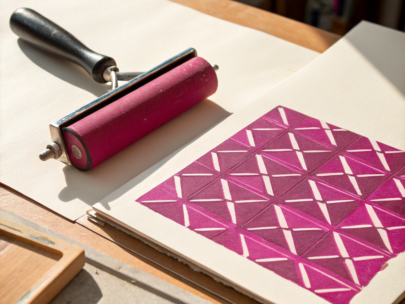 hoja de papel de algodón con un patrón de rombos y triángulos impreso en magenta a mano sobre una mesa al sol, con el rodillo de tinta descansando al lado