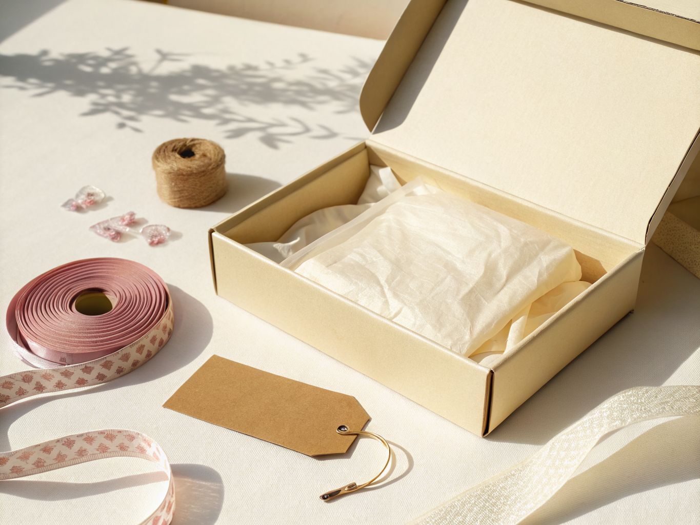 caja de envío de cartón claro abierta con la pieza envuelta en papel de seda adentro, y alrededor un carrete de cordel, listones y una etiqueta colgante de kraft sobre una mesa al sol