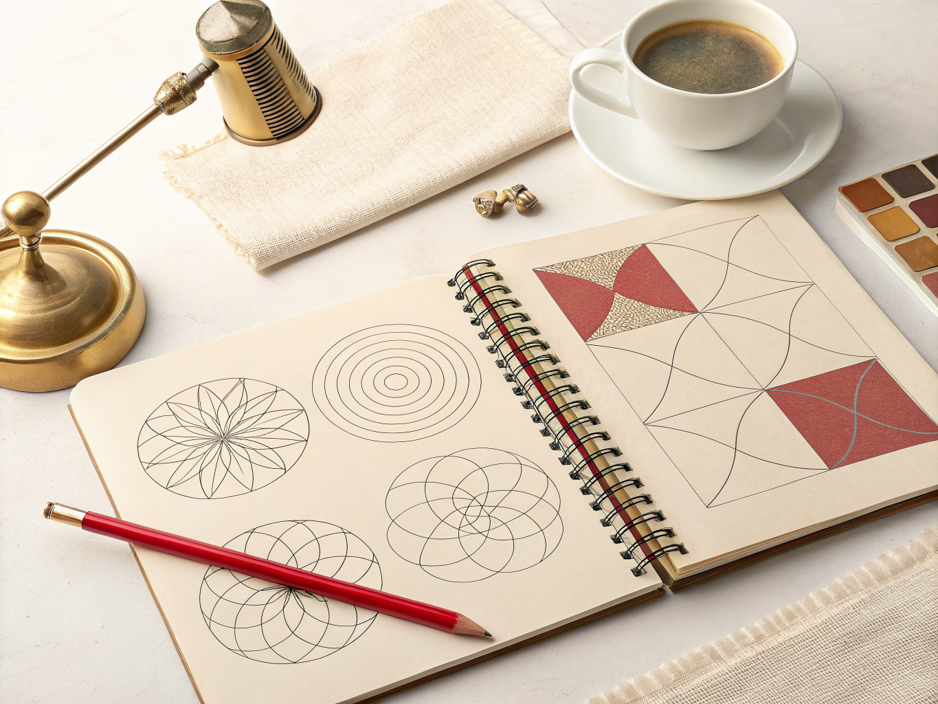 cuaderno de argollas abierto y plano sobre una mesa clara, con estudios de rosetones a tinta en la plana izquierda y una retícula geométrica en rojo y gris en la derecha, junto a un lápiz rojo, una lámpara de latón y una taza de café