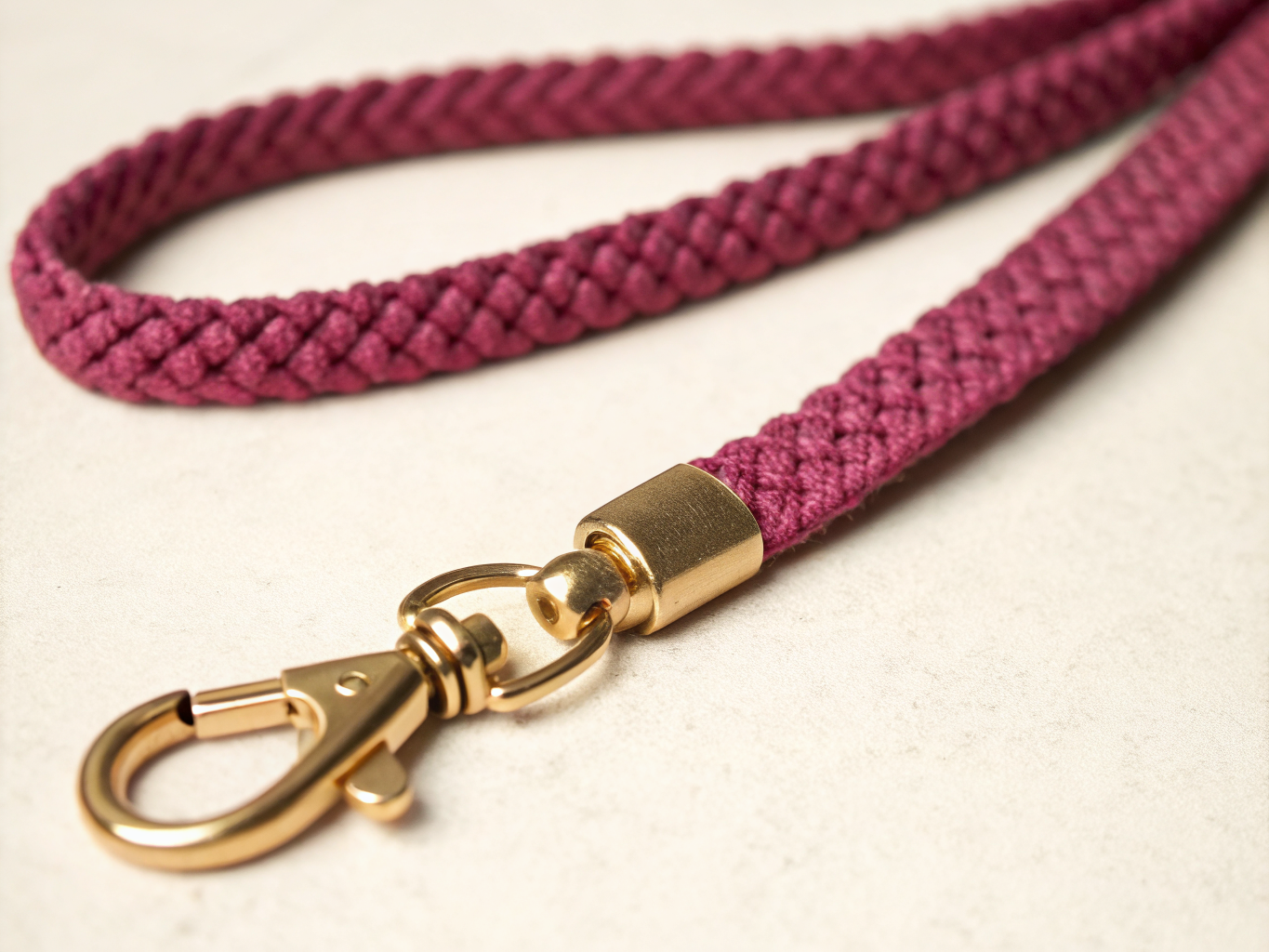 acercamiento a un lanyard de cordón trenzado color vino sobre una superficie clara, con un casquillo prensado y un mosquetón giratorio de latón pulido en la punta