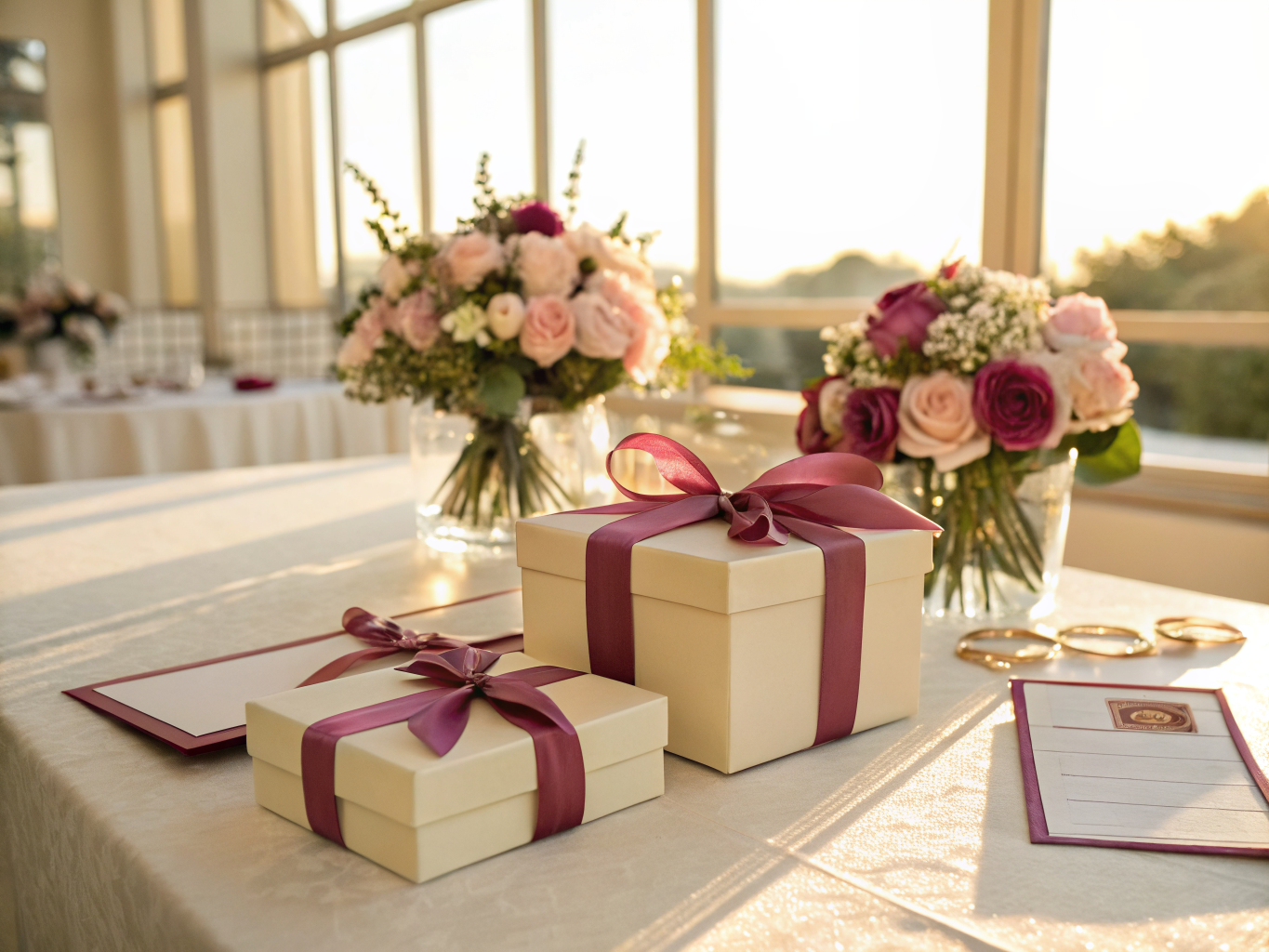 dos cajas de tapa color crema atadas con listón de seda vino sobre un mantel de banquete, con centros de rosas rosas y blancas detrás y la luz del atardecer entrando por el ventanal