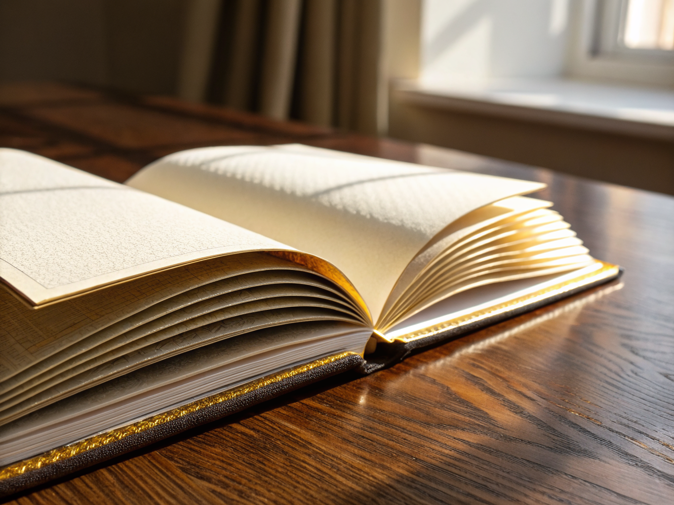 libro abierto sobre una mesa de nogal, con las hojas abriéndose en abanico y el canto dorado encendido por la luz de una ventana