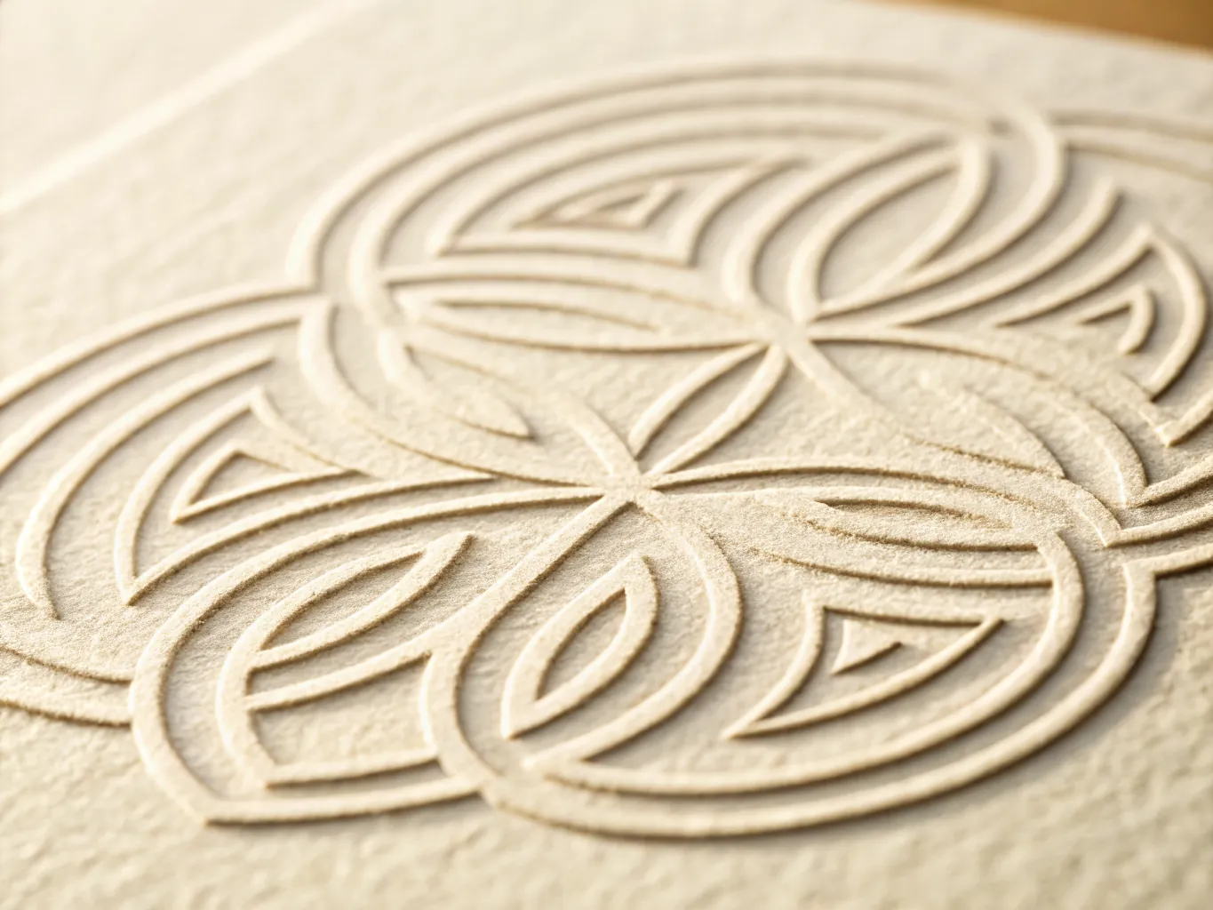 Acercamiento a un relieve en seco de círculos entrelazados levantado sobre papel de algodón crudo con luz rasante.