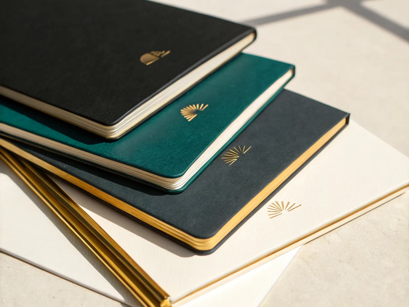 cuatro libretas de tapa suave escalonadas en abanico bajo luz de sol, una negra, una verde botella, una azul pizarra y una crema, cada una con un emblema de abanico en foil dorado y el canto de las hojas pintado en oro