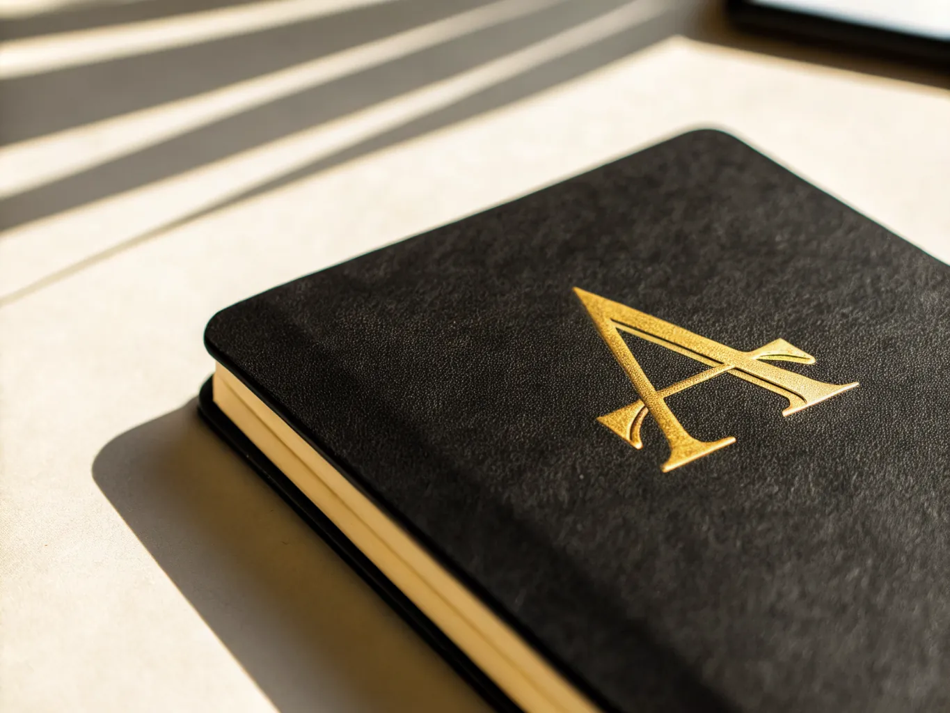 acercamiento a la esquina de una libreta negra de grano fino con una letra A mayúscula en foil dorado hundida en la tapa y el canto de las hojas pintado en oro, con la sombra de una persiana cruzando la mesa