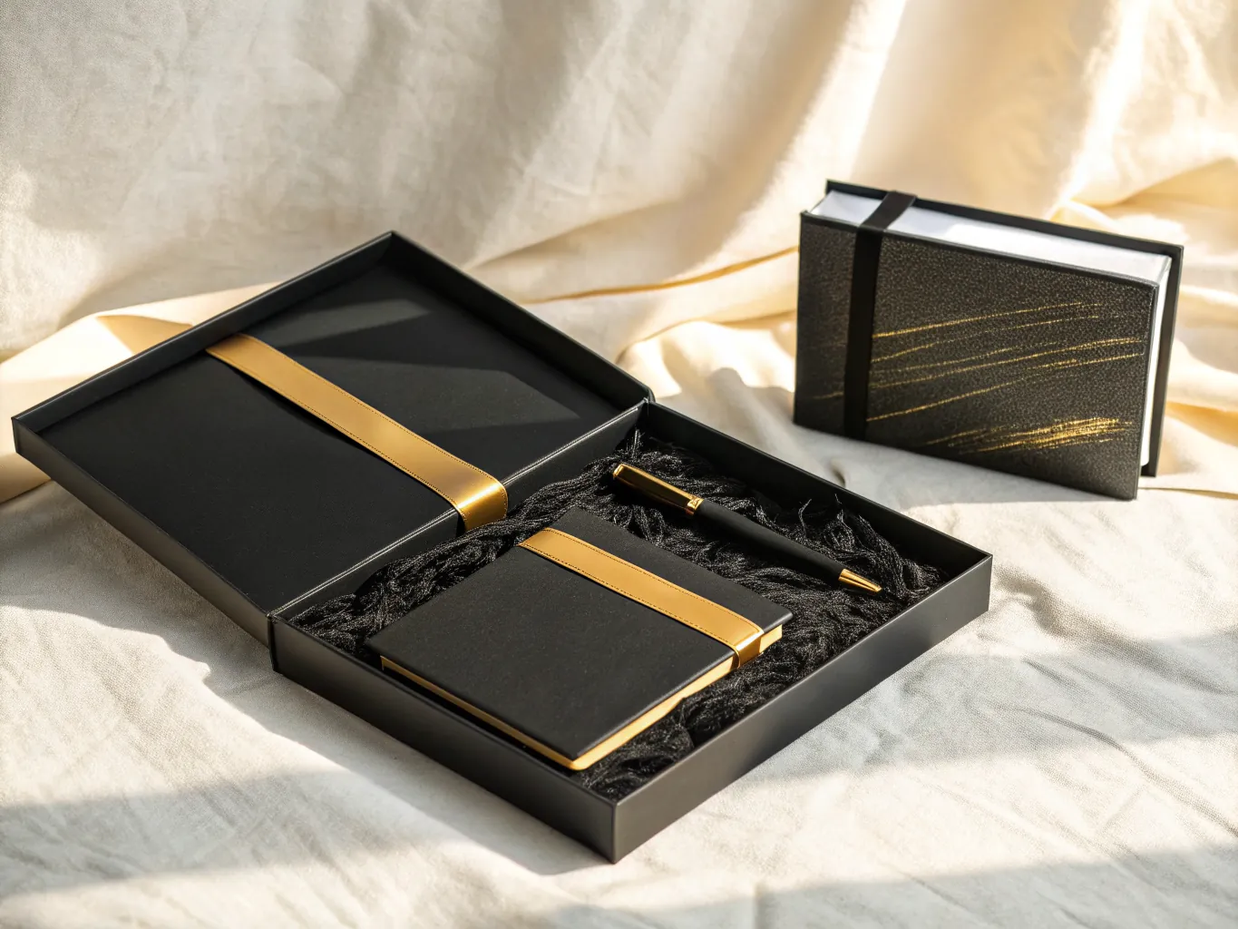 estuche rígido negro abierto sobre lino crema, con una libreta negra de canto dorado ceñida por una faja de raso y un bolígrafo negro con punta dorada acostado sobre viruta negra, junto a una segunda caja cerrada con pinceladas doradas en la tapa