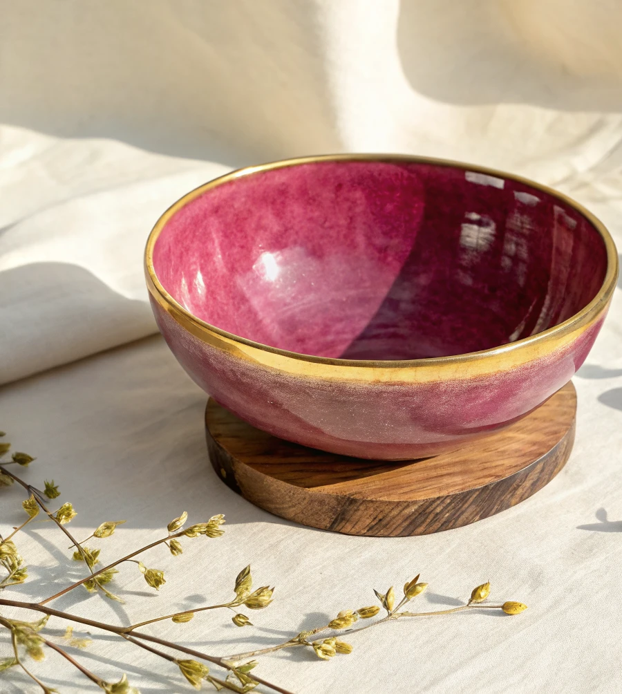 cuenco de cerámica esmaltado en rosa jaspeado con el interior magenta profundo y un filo de oro en el borde, apoyado sobre un disco de madera torneada, con ramas secas y lino claro alrededor