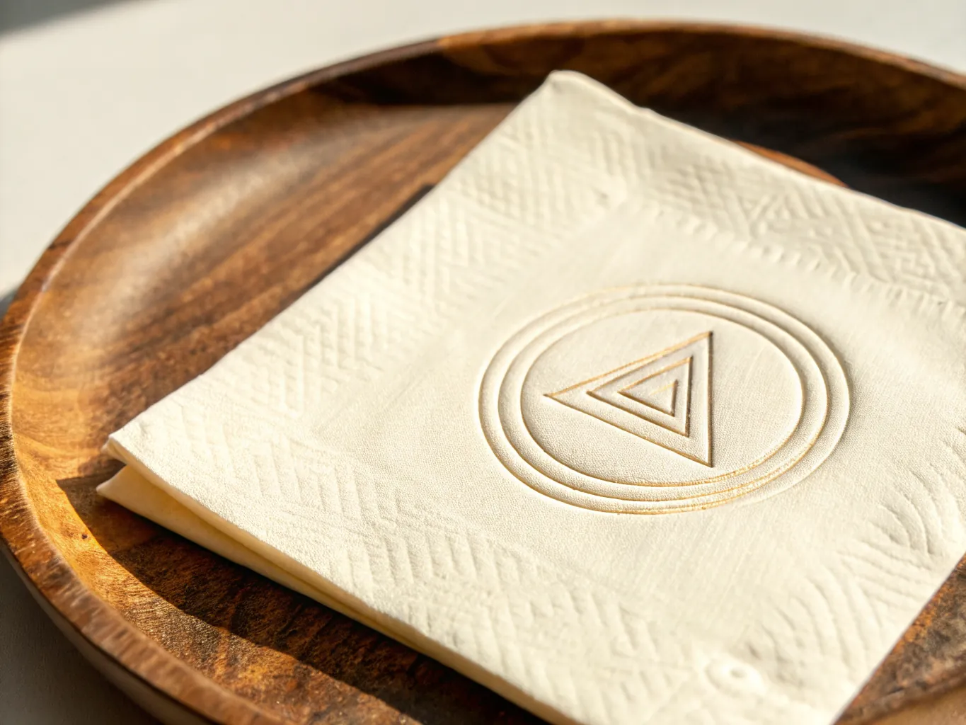 servilleta de papel color crema doblada dentro de un plato de madera, con un emblema de triángulo entre anillos concéntricos y una greca de rombos levantados en relieve seco