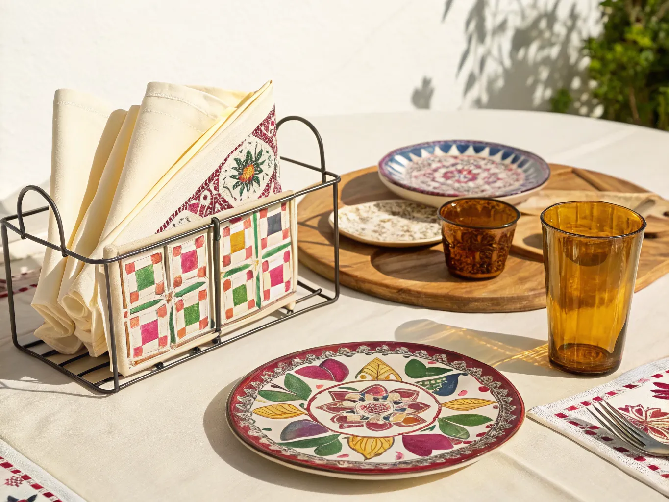 Puesta de mesa con loza de talavera pintada a mano, servilletero de varilla con azulejos y vasos de vidrio soplado en ámbar.
