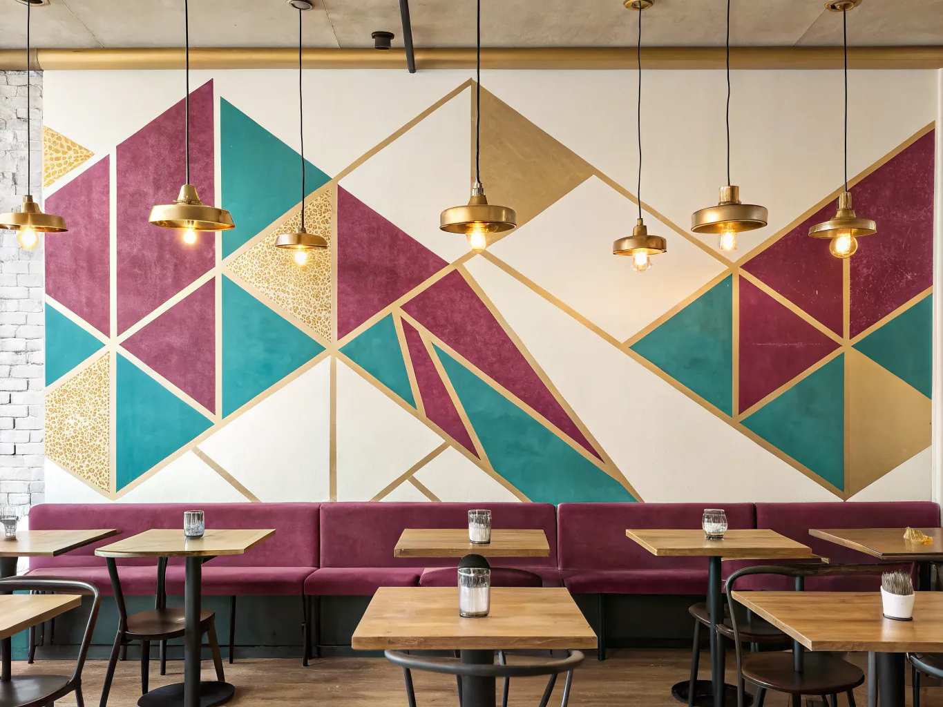 mural geométrico pintado sobre el muro completo de un comedor, con triángulos en magenta, verde jade, crema y dorado separados por filetes de oro, seis lámparas de latón colgando delante y una banca tapizada en vino con mesas de madera