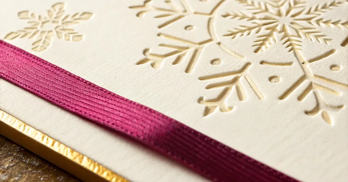 acercamiento a una tarjeta de papel algodón color crema con copos de nieve hundidos en relieve al seco, una cinta de raso magenta cruzando el frente y el canto dorado a la vista