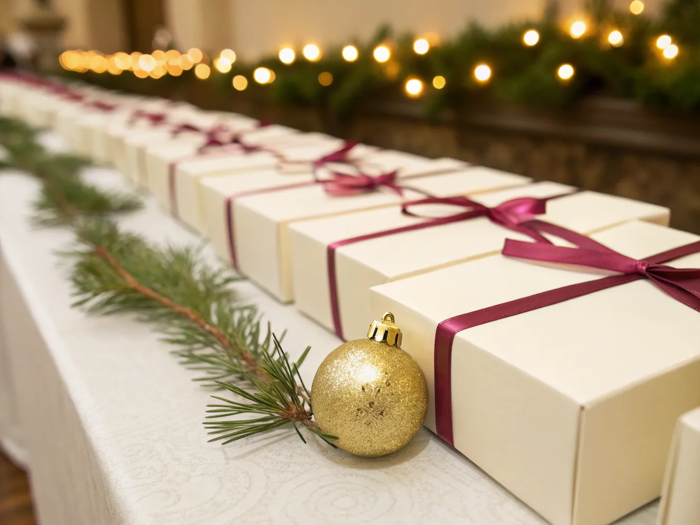 hilera larga de cajitas de regalo color marfil, cada una atada a mano con listón de raso vino, sobre el mantel blanco de un salón, con una rama de pino y una esfera dorada al frente y luces cálidas al fondo